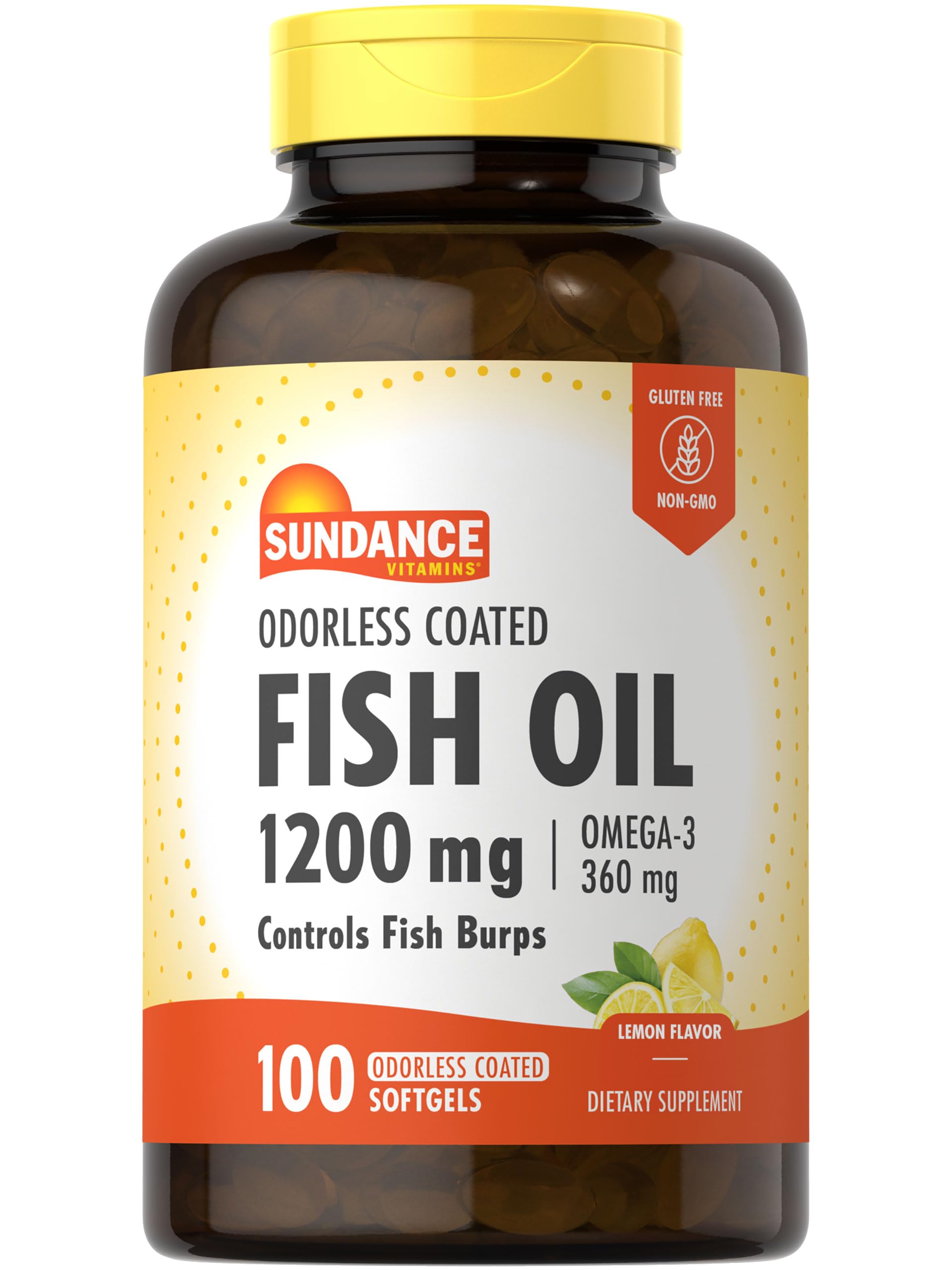 Sundance odorless fish oil softgels in lemon flavor bottle for daily Omega-3 support.