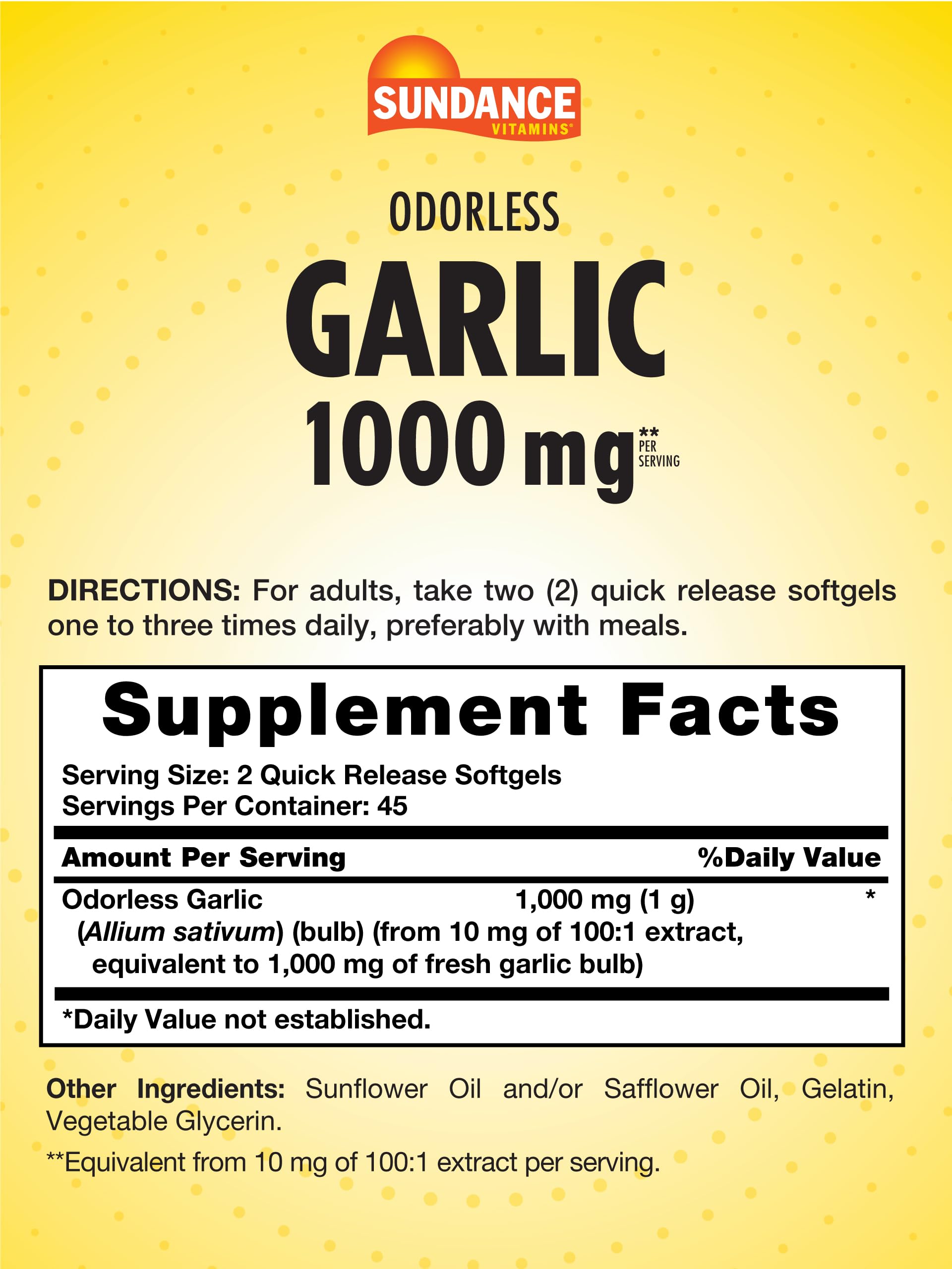 Close-up of Sundance Odorless Garlic softgels with odorless formula.
