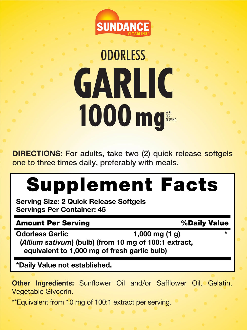 Close-up of Sundance Odorless Garlic softgels with odorless formula.