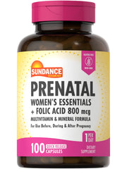 Sundance Prenatal Multivitamin pack shot highlights essential nutrients for mom-to-be.