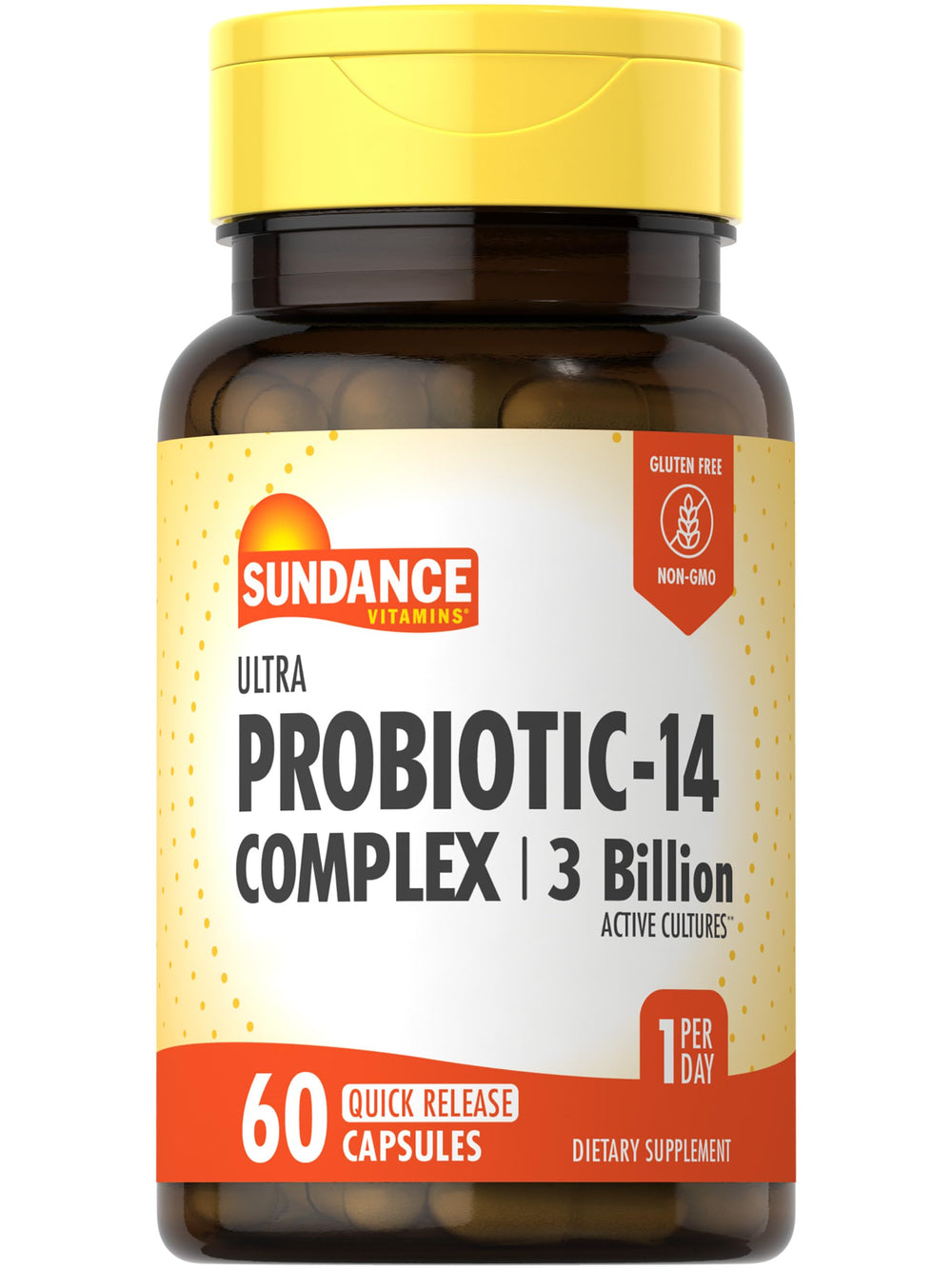 Sundance Probiotic-14 Complex bottle front with 60 capsules for daily use.