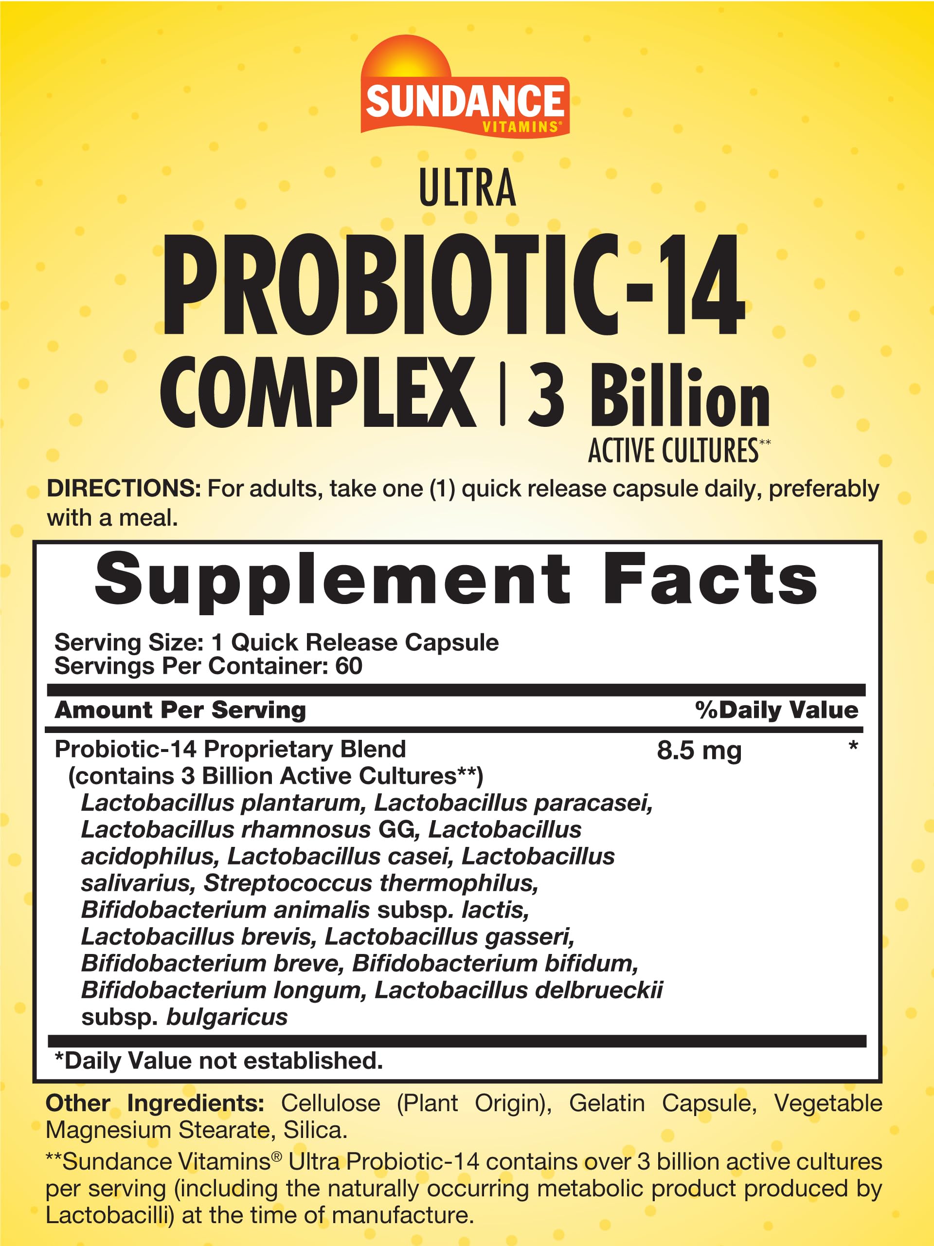 Sundance Probiotic-14 Complex capsules close-up showing easy-to-swallow form.