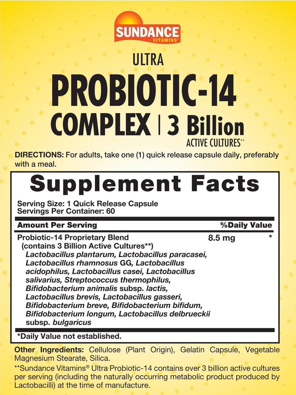 Sundance Probiotic-14 Complex capsules close-up showing easy-to-swallow form.
