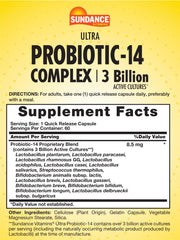 Sundance Probiotic-14 Complex capsules close-up showing easy-to-swallow form.