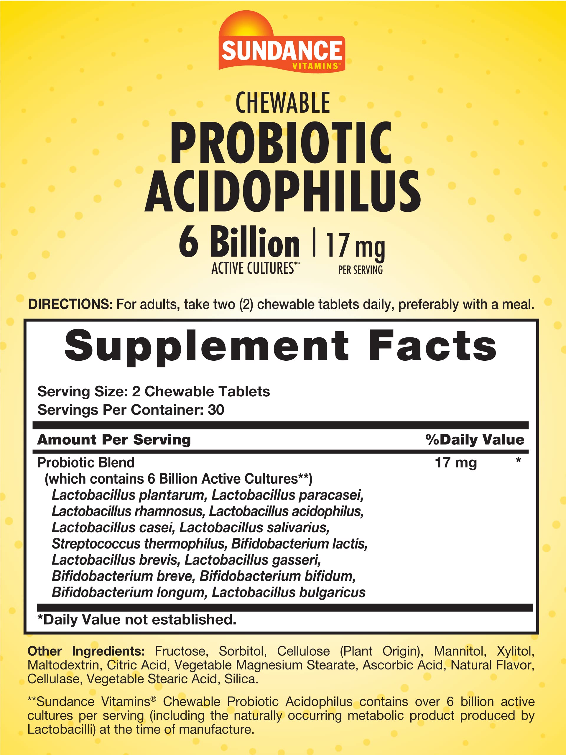 Close-up of Sundance Probiotic Aciophilus 17mg berry-flavored chewable tablet