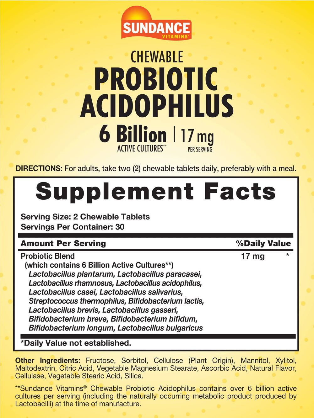 Close-up of Sundance Probiotic Aciophilus 17mg berry-flavored chewable tablet