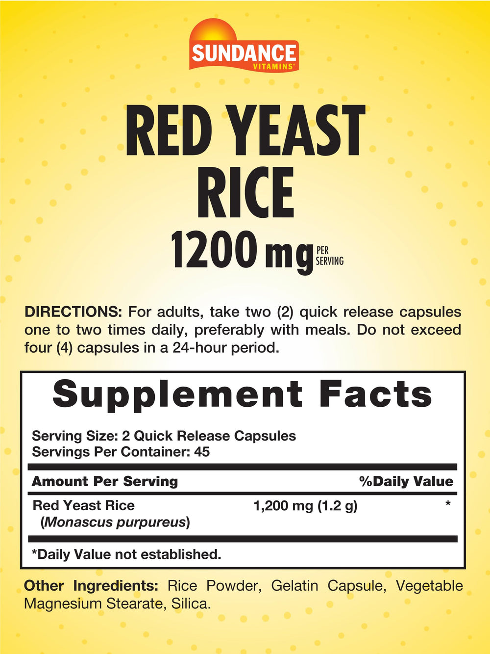 Close-up of Sundance red yeast rice capsules highlighting quick-release design for easy swallowing.