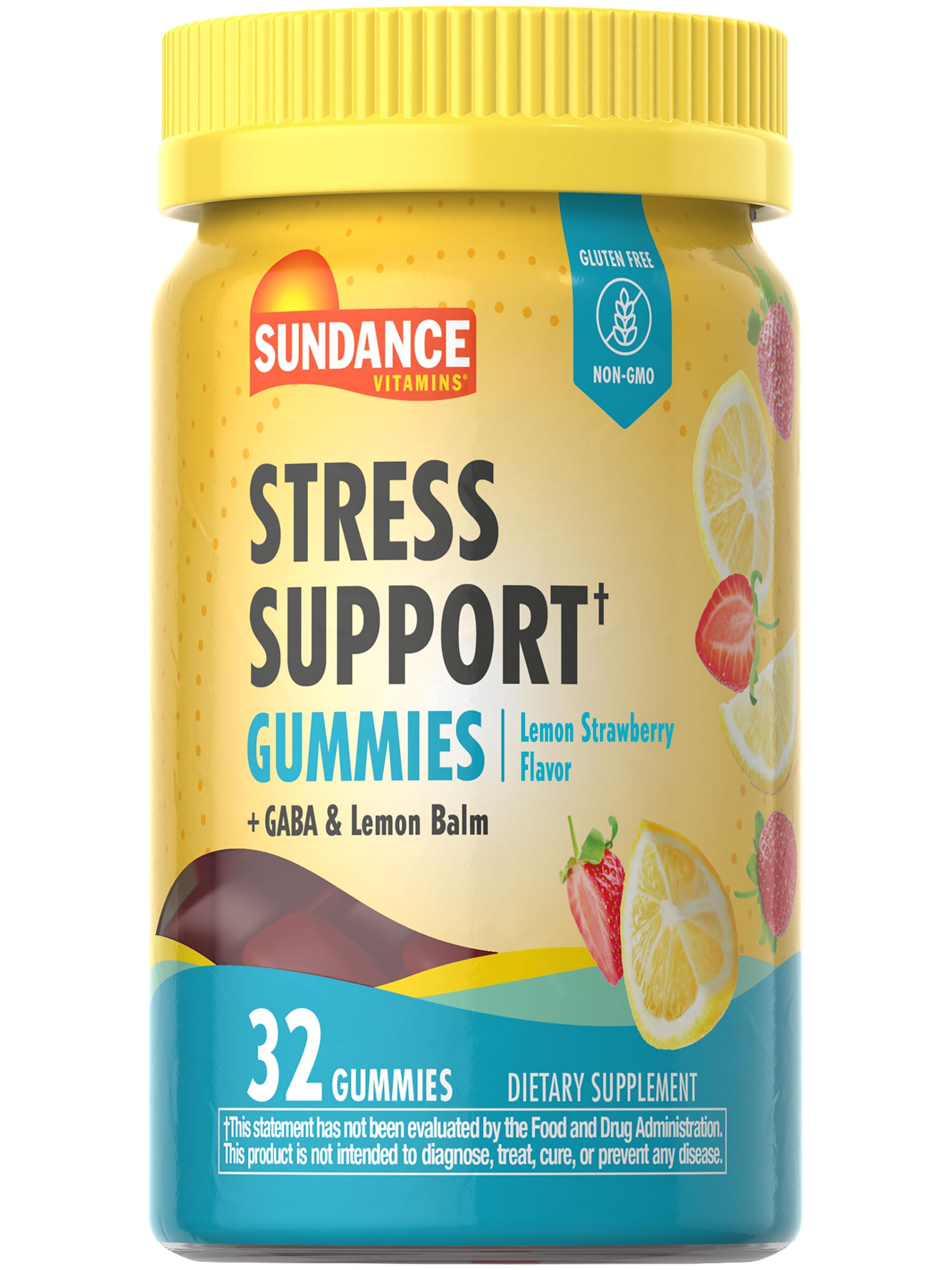 Sundance Stress Support Gummies bottle front showing lemon strawberry flavor for daily mood balance