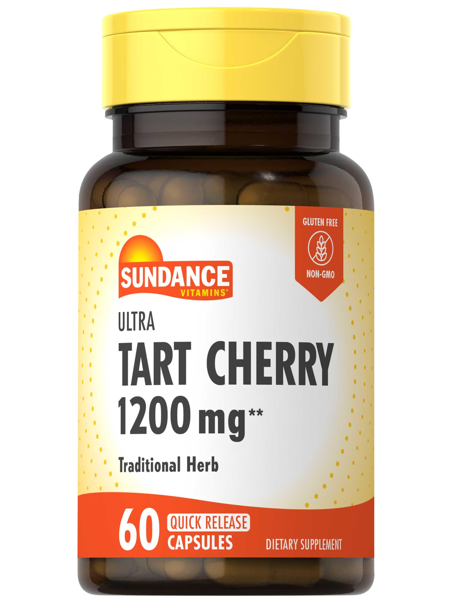 Sundance Tart Cherry Capsule front label, 1,200 mg potency for daily use.