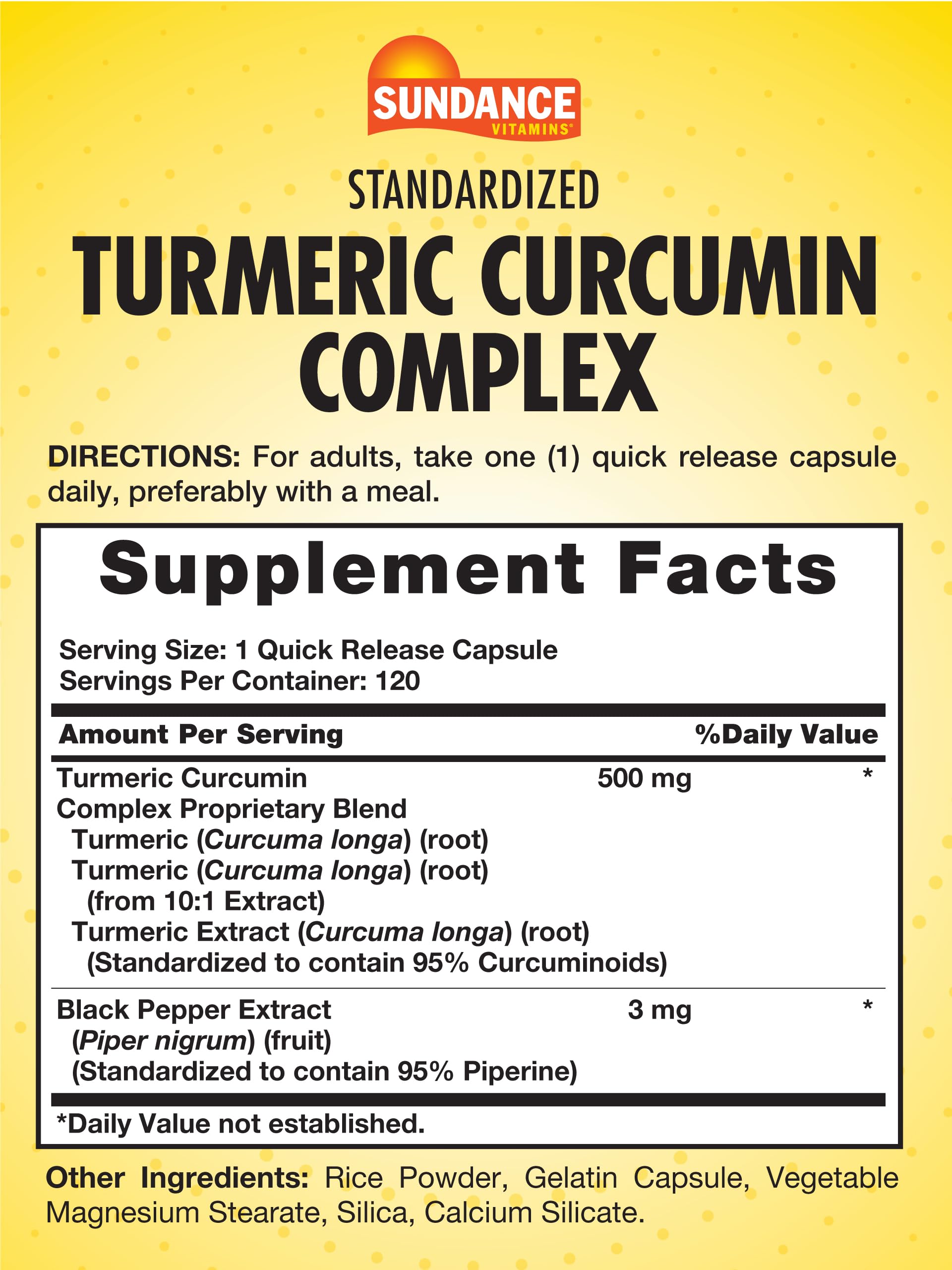 Sundance Turmeric Curcumin ingredients label highlights non-GMO and gluten-free formulation.