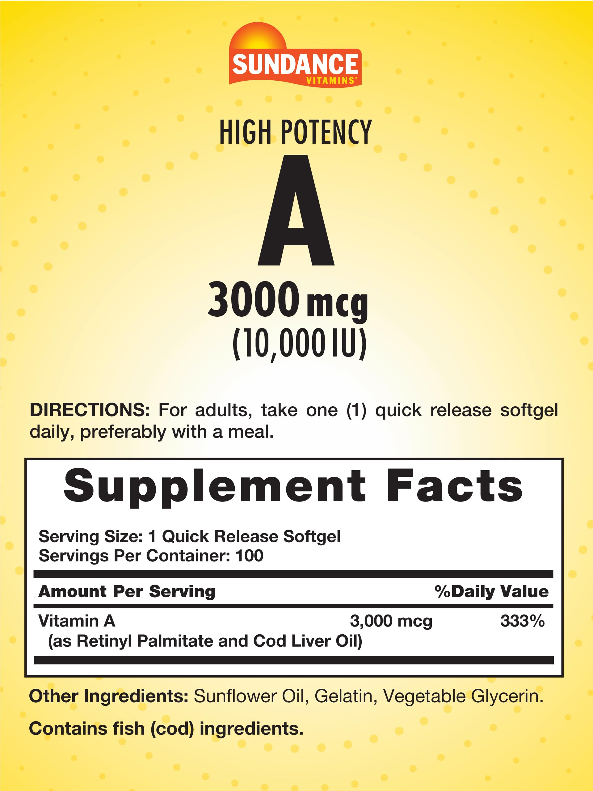 Sundance Vitamin A bottle pour image highlights easy daily dosing.