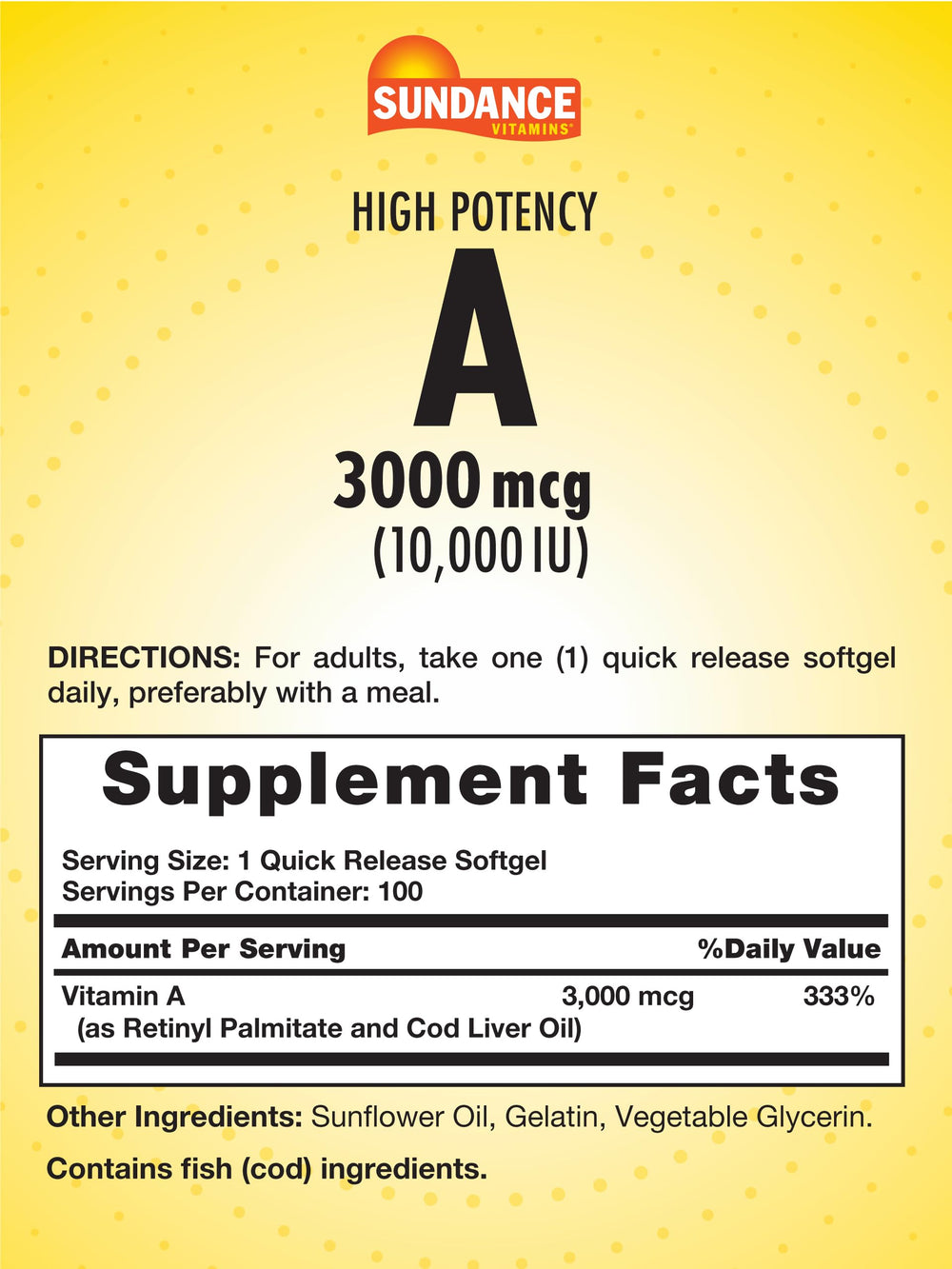 Sundance Vitamin A bottle pour image highlights easy daily dosing.