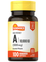 Sundance Vitamin A softgels bottle shows 10,000 IU per capsule for daily use.