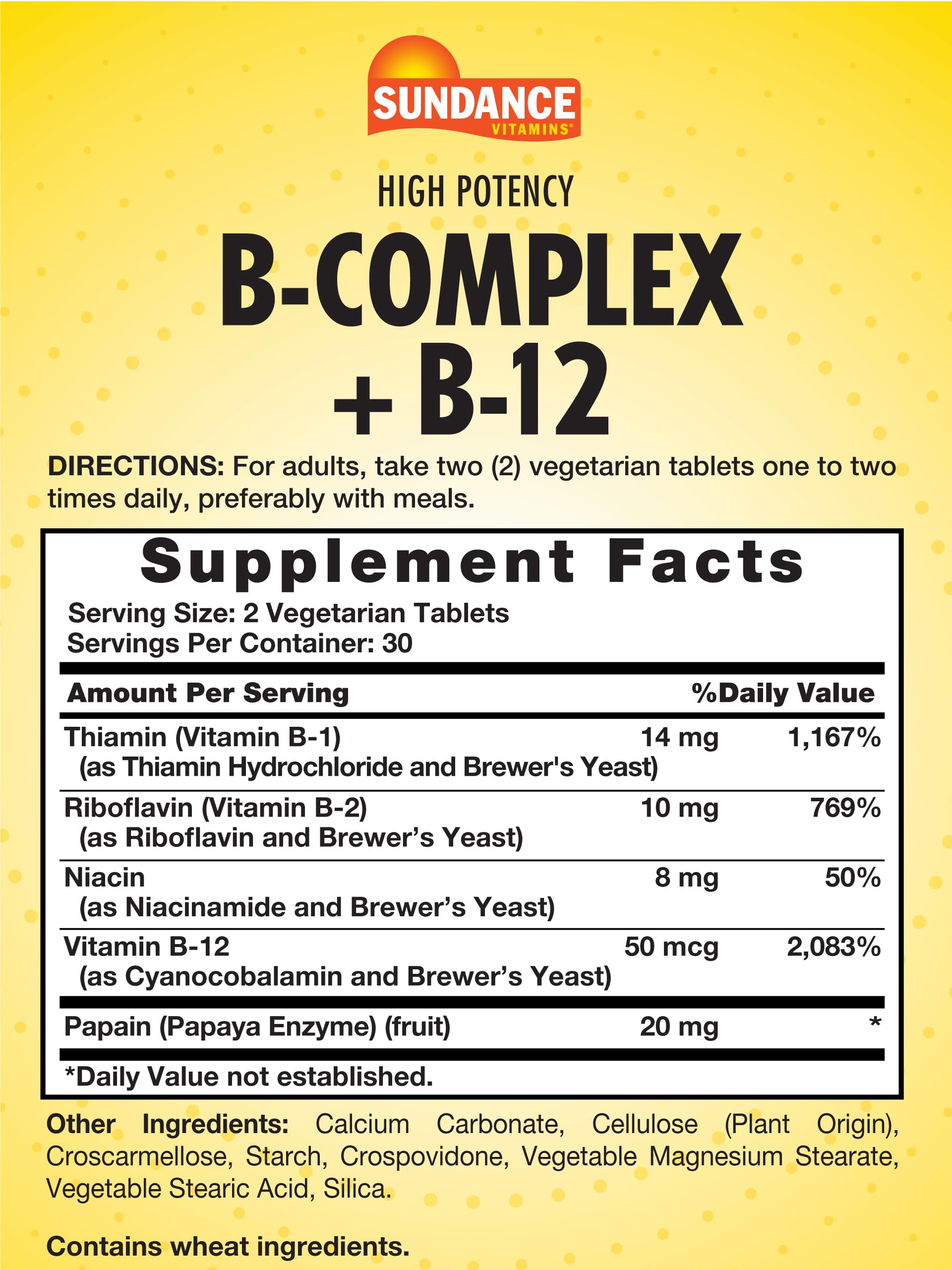 Close-up of Sundance Vitamin B-Complex tablets highlighting a high-potency formula.
