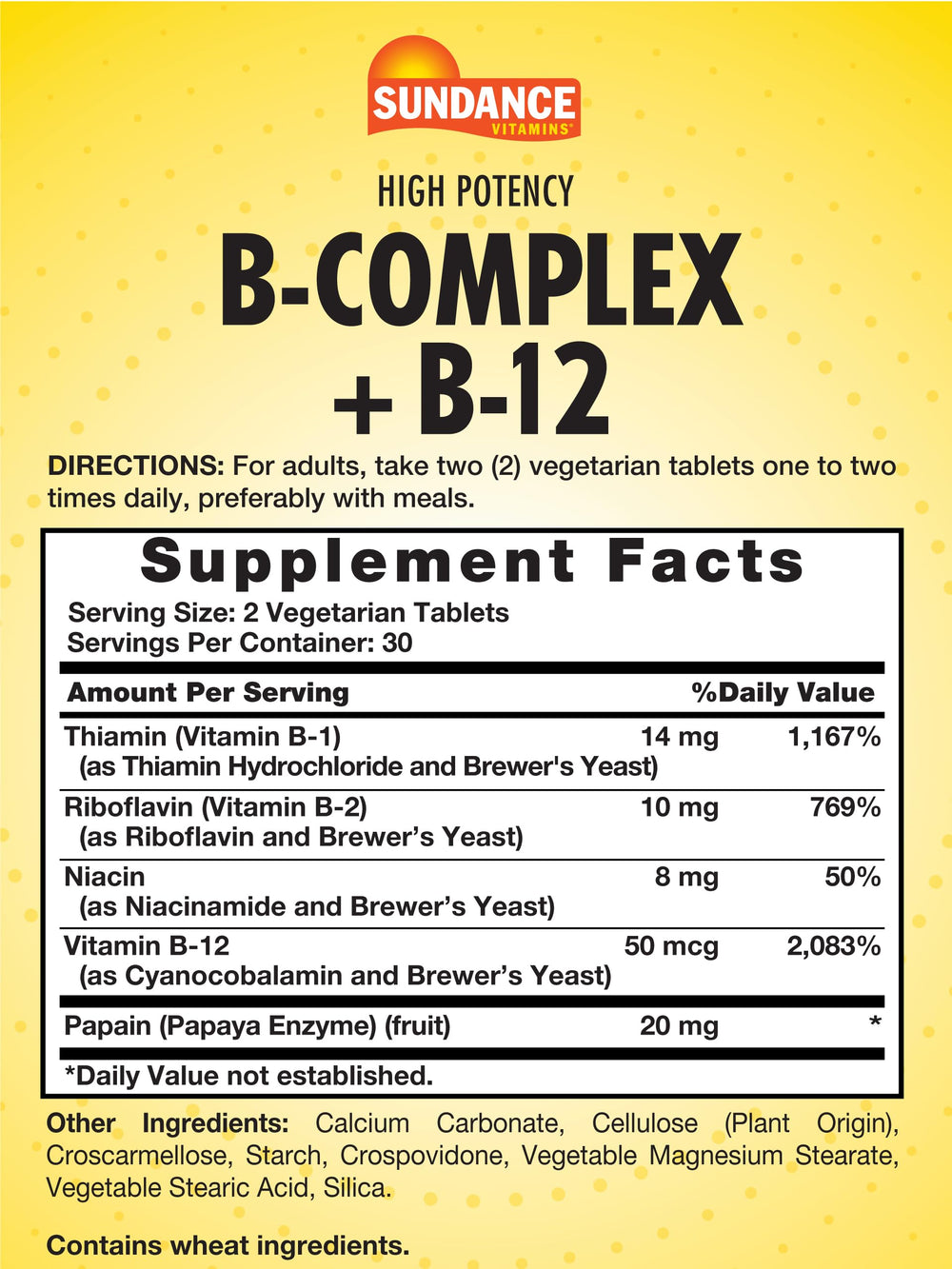Close-up of Sundance Vitamin B-Complex tablets highlighting a high-potency formula.