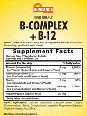 Close-up of Sundance Vitamin B-Complex tablets highlighting a high-potency formula.