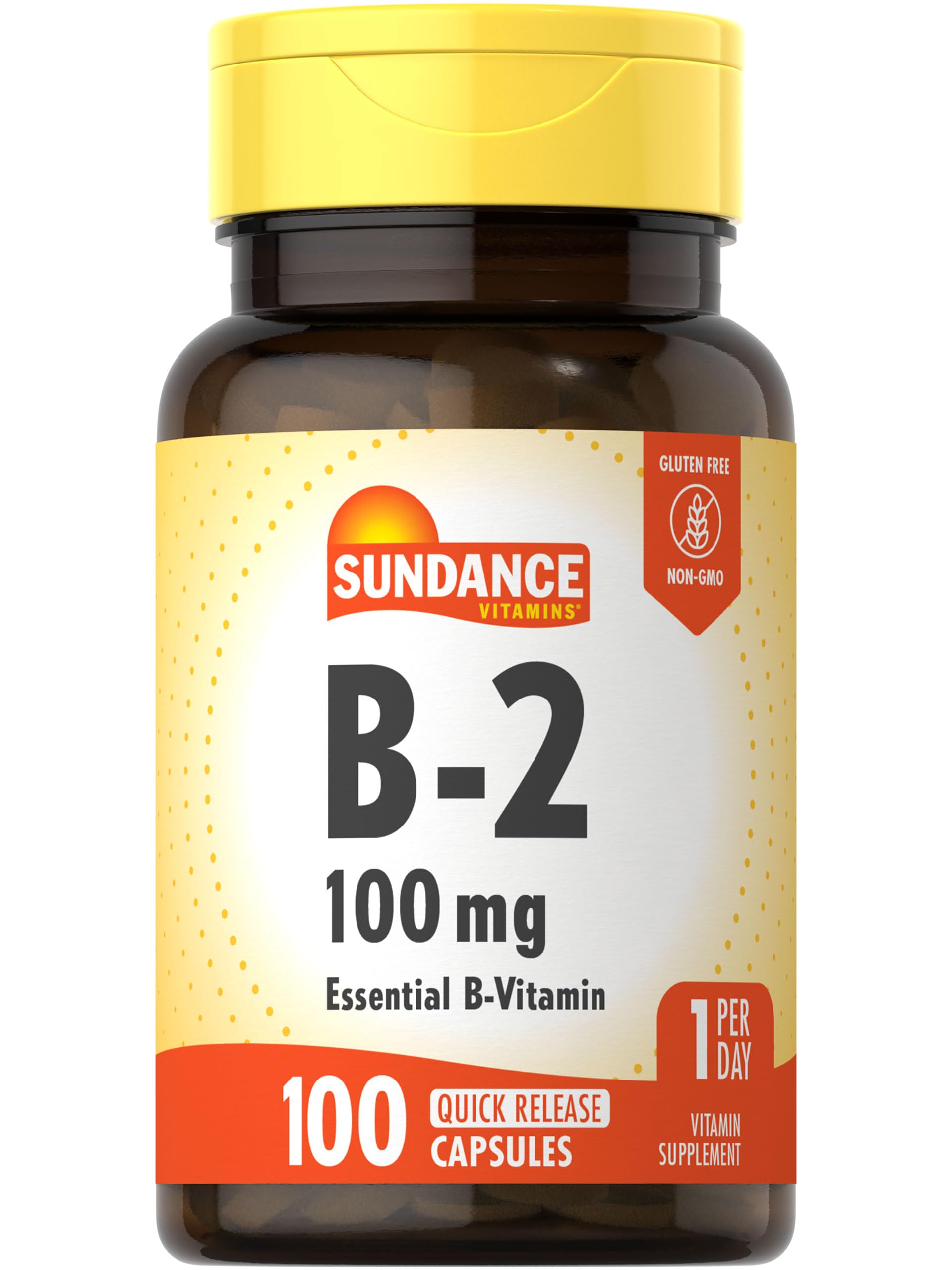 Sundance Vitamin B-2 100mg bottle with quick-release capsules for daily use.