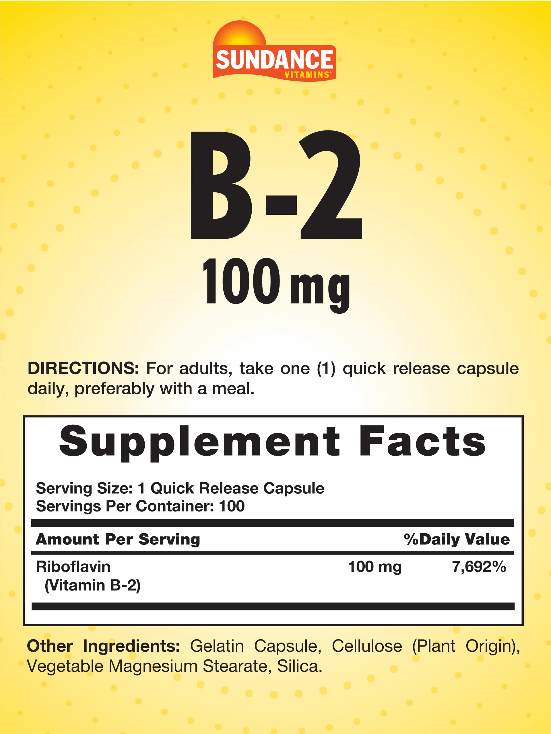 Close-up of Sundance Vitamin B-2 capsules for convenient one per day dosing.