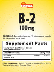 Close-up of Sundance Vitamin B-2 capsules for convenient one per day dosing.