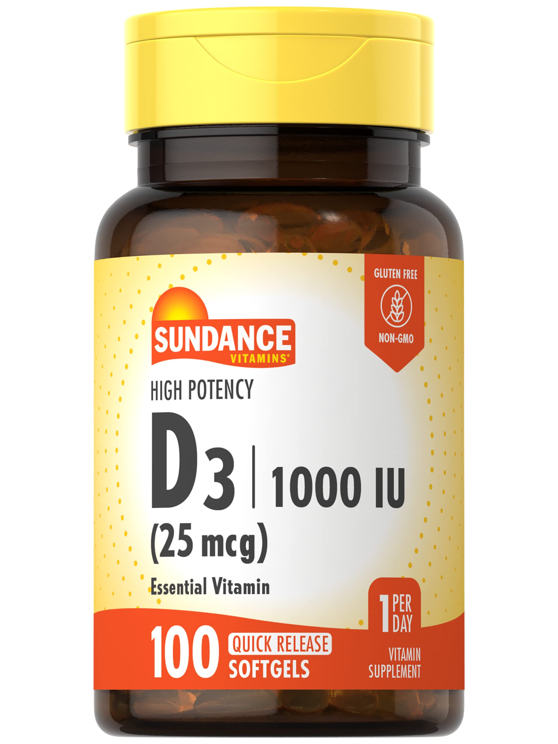 Sundance Vitamin D3 1000 IU bottle-front shows daily potency for wellness.
