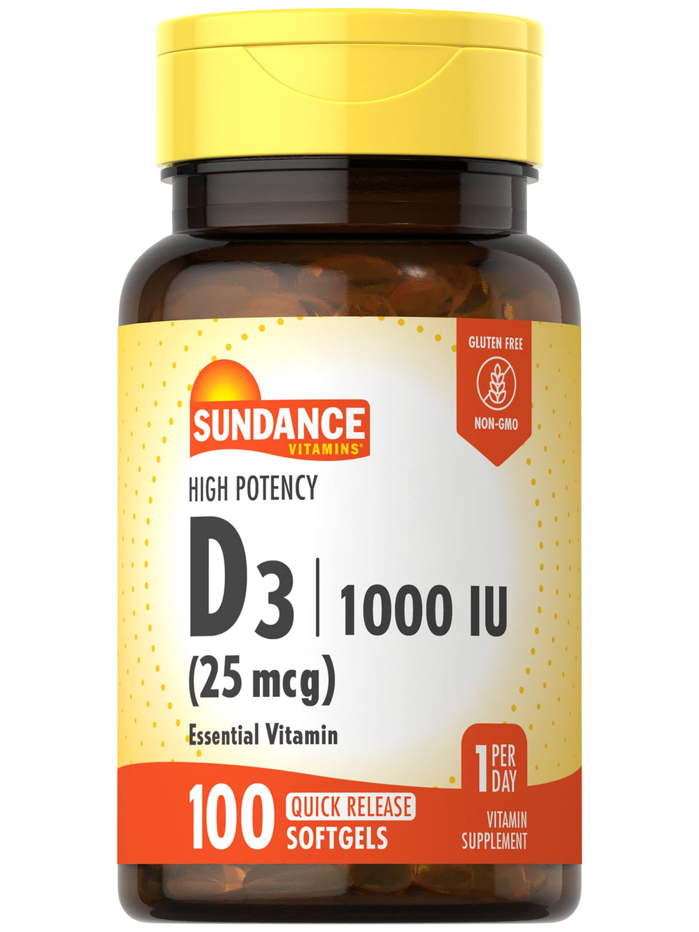 Sundance Vitamin D3 1000 IU bottle-front shows daily potency for wellness.