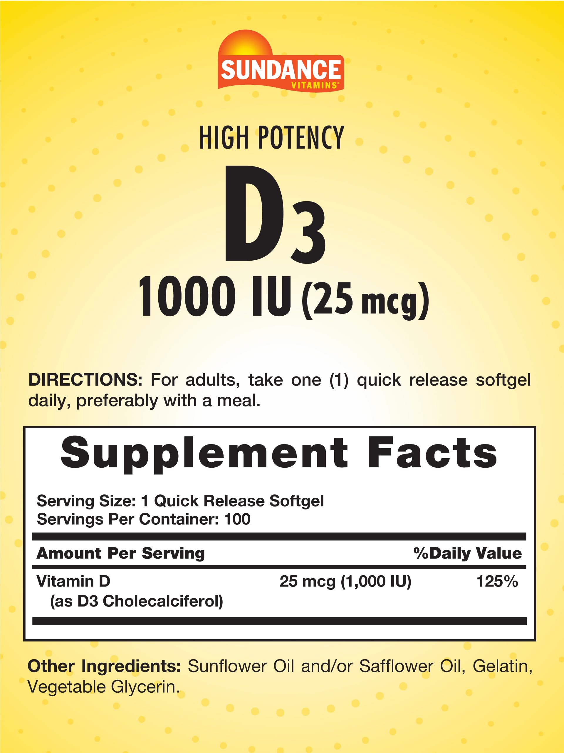 Sundance Vitamin D3 softgels inside bottle illustrate easy daily intake.