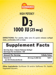 Sundance Vitamin D3 softgels inside bottle illustrate easy daily intake.
