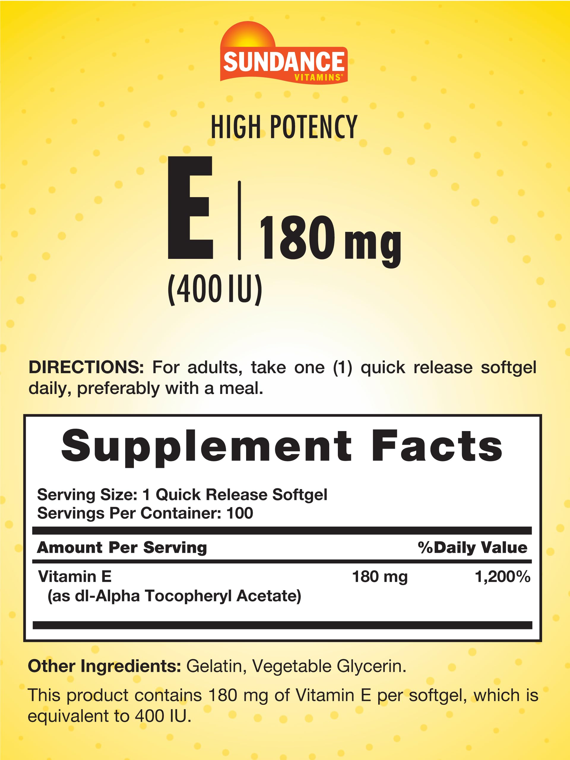 Closeup of Sundance Vitamin E 180mg softgels highlighting quick-release formula for daily use