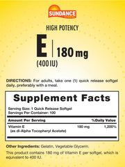 Closeup of Sundance Vitamin E 180mg softgels highlighting quick-release formula for daily use
