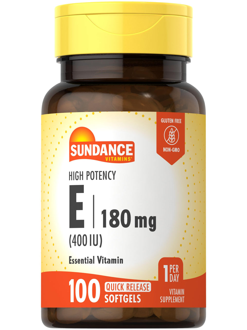 Sundance Vitamin E 180mg bottle front showing high-potency softgels for daily wellness