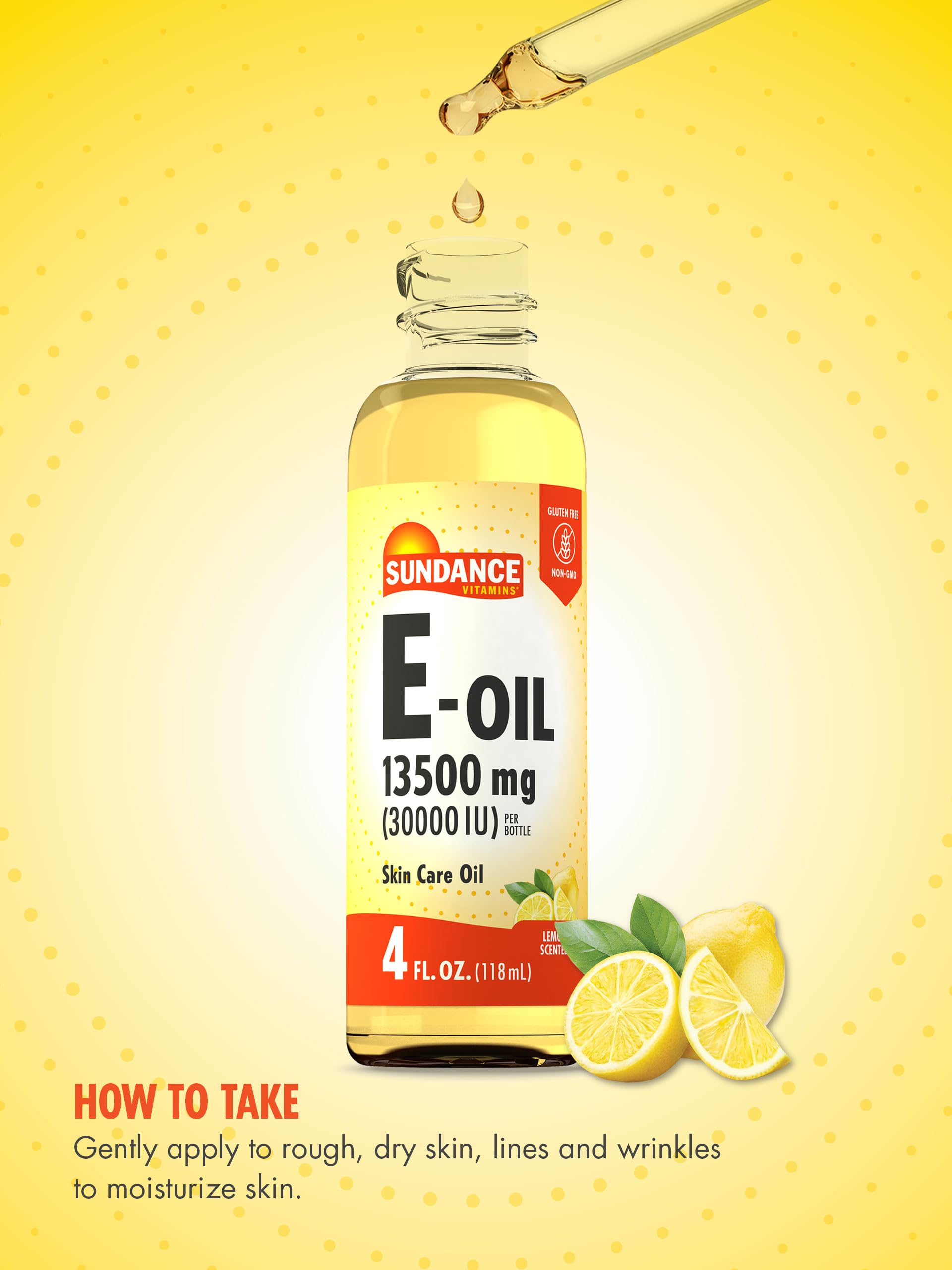Sundance Vitamin E-Oil lemon scented bottle close-up for refreshing application