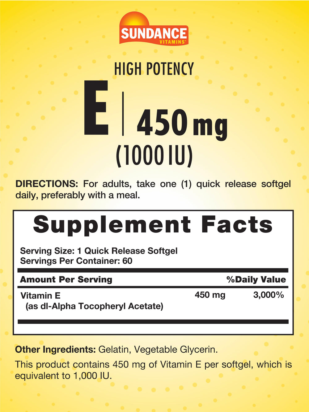 Sundance Vitamin E softgel closeup highlighting quick-release capsule.