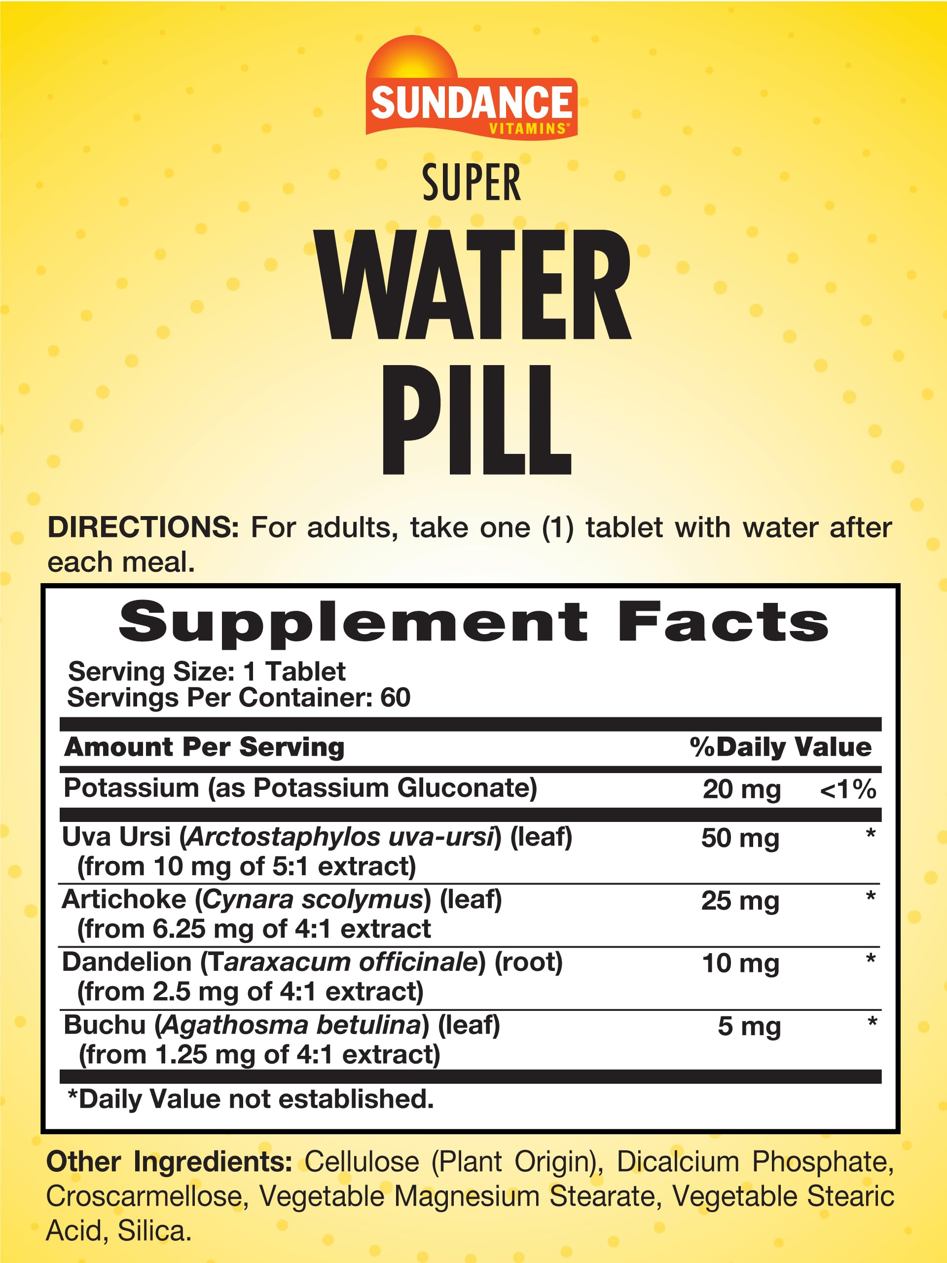 Sundance Water Pills tablets closeup highlights potassium and herbal extracts