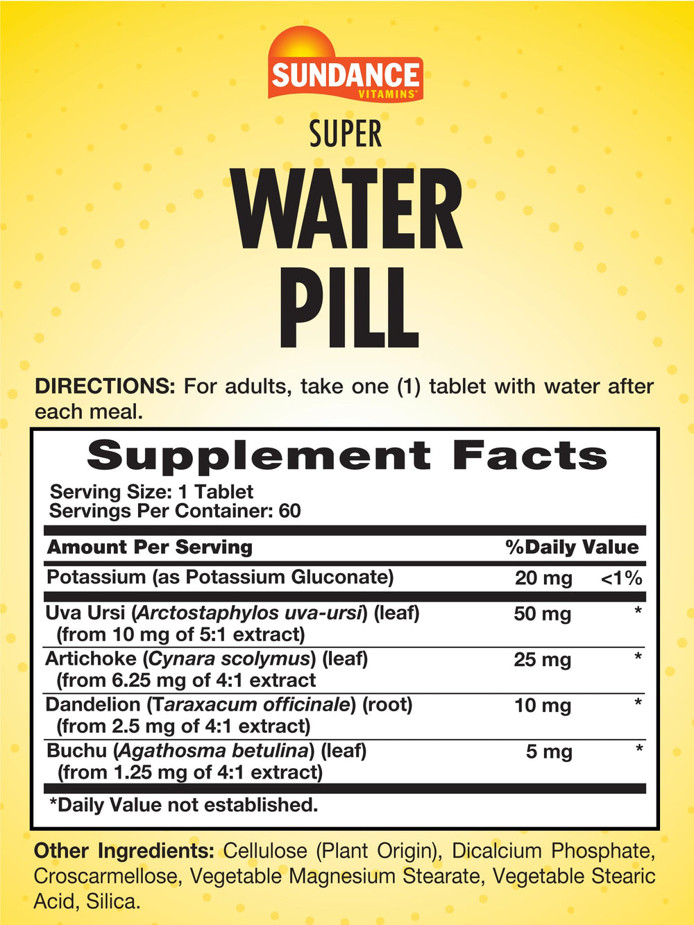 Sundance Water Pills tablets closeup highlights potassium and herbal extracts