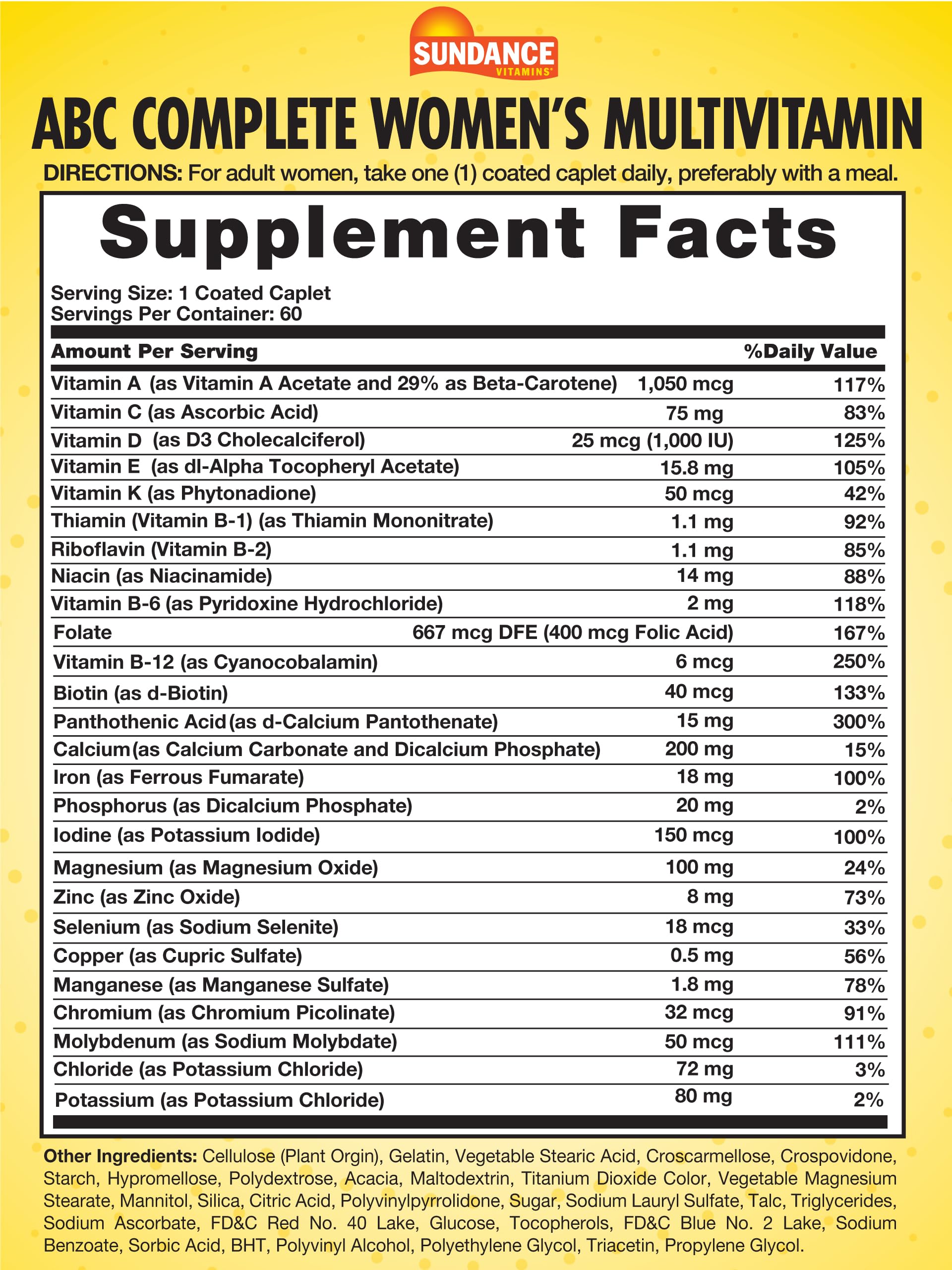 Sundance Women's ABC Complete Multivitamin caplets closeup, easy-to-swallow daily supplement.