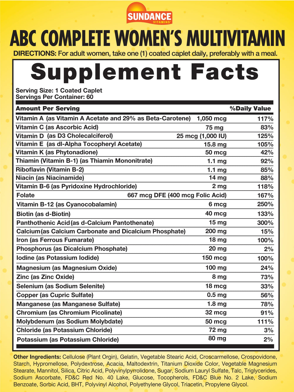 Sundance Women's ABC Complete Multivitamin caplets closeup, easy-to-swallow daily supplement.