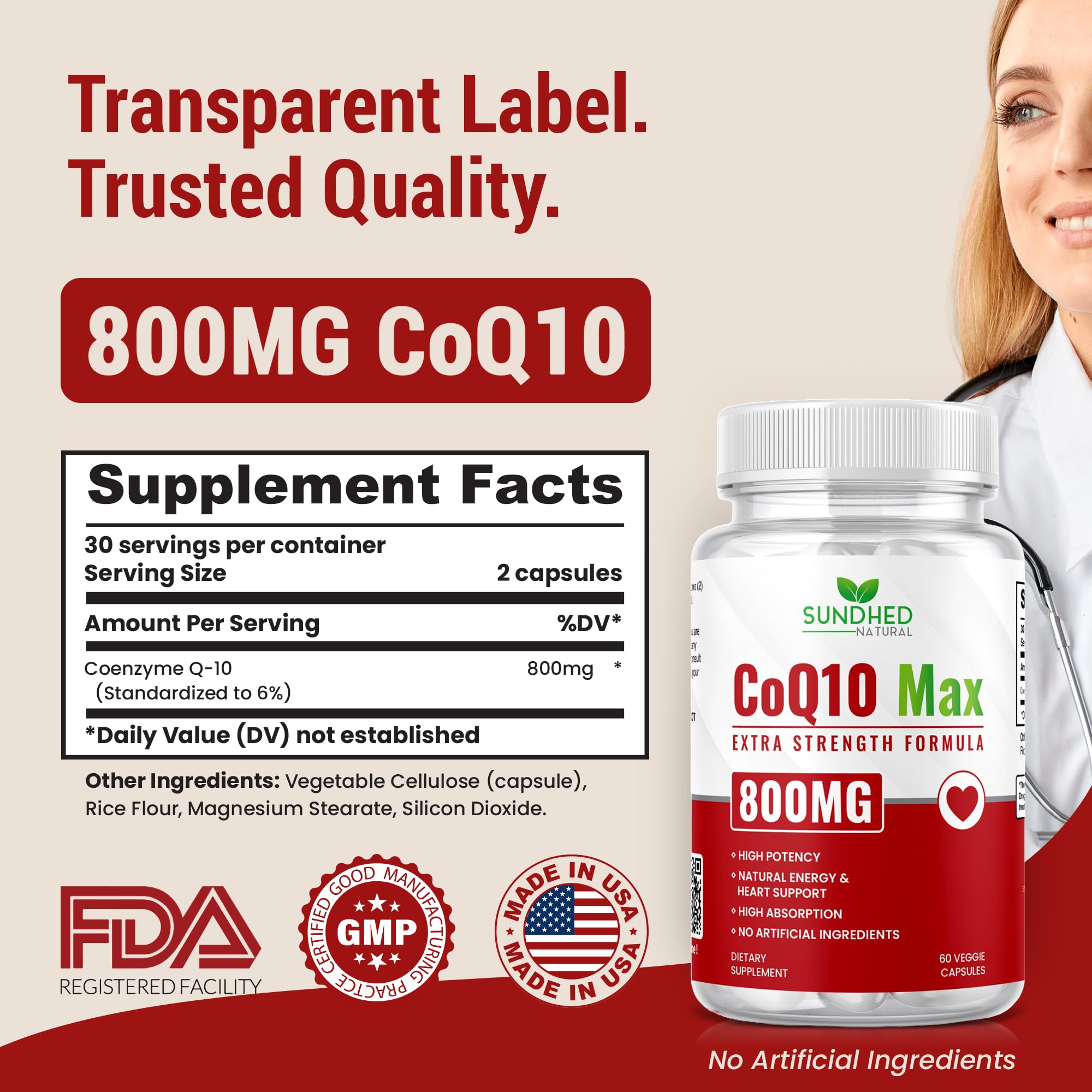 Close-up of Sundhed Natural CoQ10 capsules showing the 800 mg dose for easy dosing