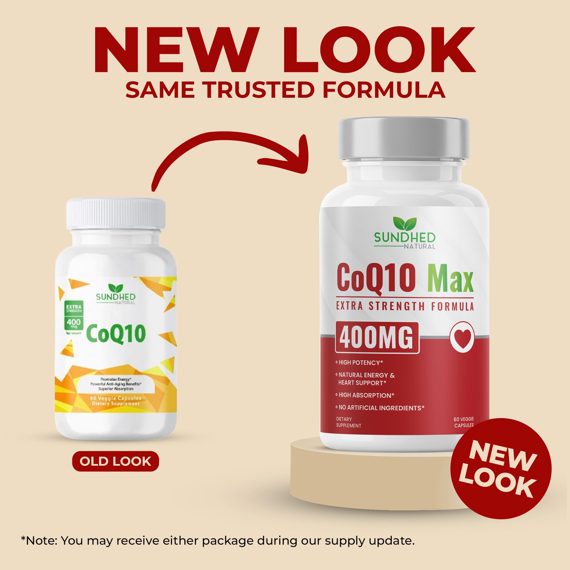 Close-up of Sundhed Natural CoQ10 capsules in a transparent bottle