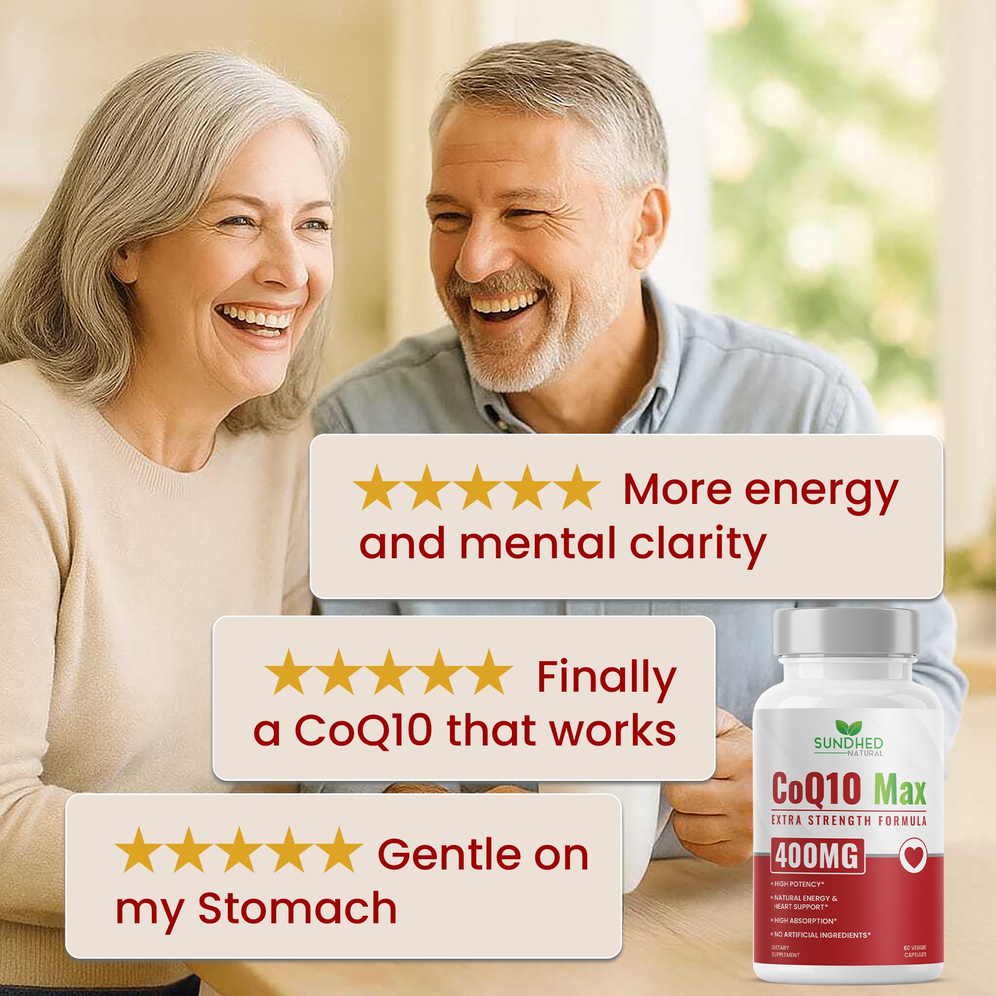 Lifestyle scene showing Sundhed Natural CoQ10 for daily energy support