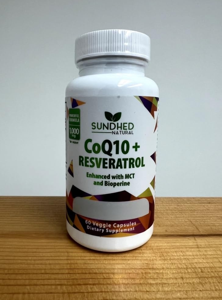 Sundhed Natural CoQ10 and Resveratrol label with per-pack information.