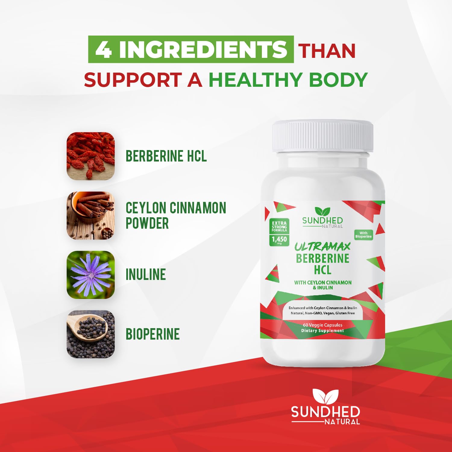 Sundhed Natural Ultramax Berberine HCL Cinnamon capsules close-up ready for dosing.