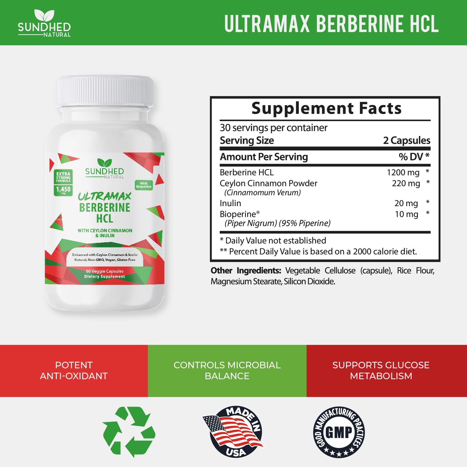 Sundhed Natural Ultramax Berberine HCL Cinnamon packaging highlights two-pack value.