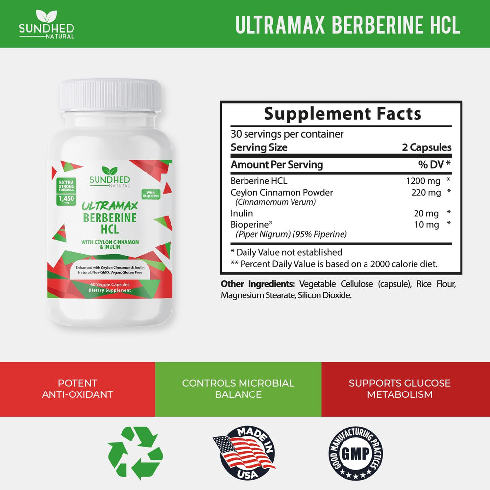 Sundhed Natural Ultramax Berberine HCL Cinnamon packaging highlights two-pack value.
