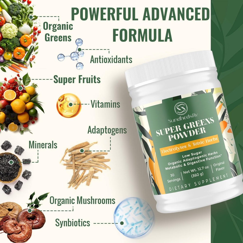 Sundhedsliv greens powder blended into a smoothie for convenient gut-friendly nutrition.