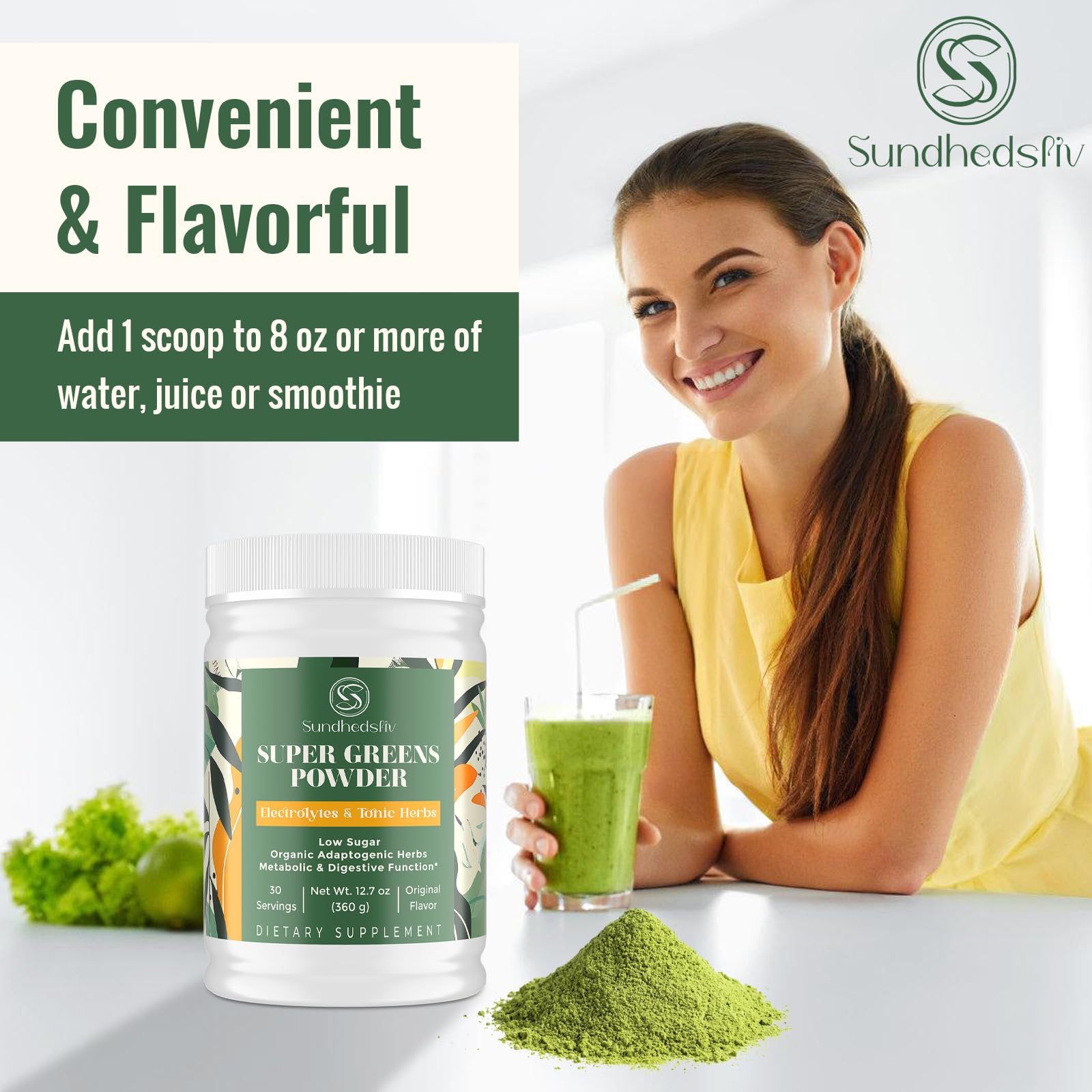 Travel-ready Sundhedsliv greens powder jar signals convenient daily use.
