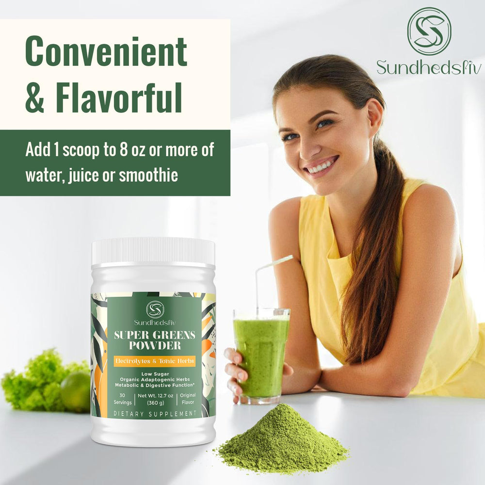 Travel-ready Sundhedsliv greens powder jar signals convenient daily use.