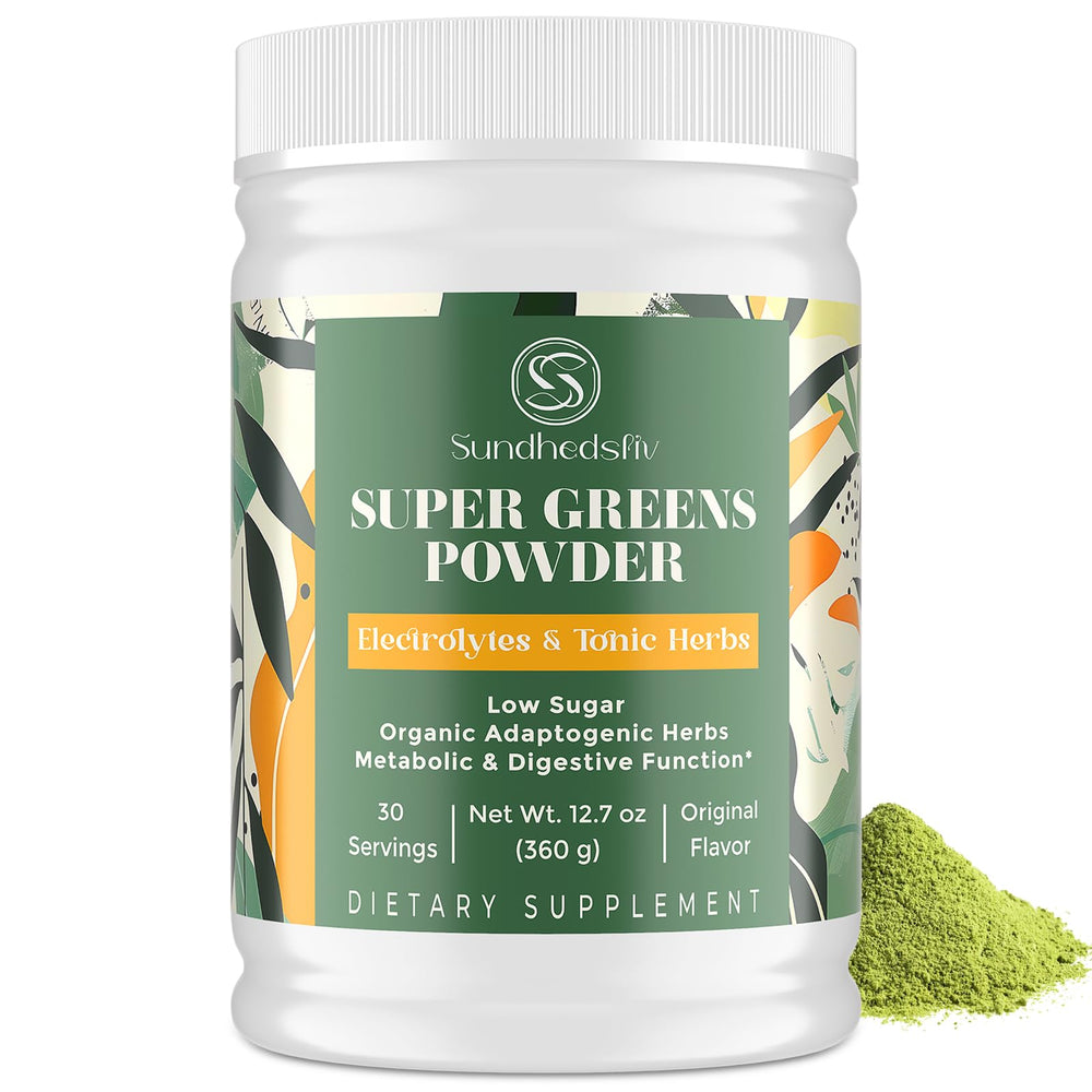 Sundhedsliv Super Greens Powder bottle beside a glass, promoting daily energy and wellness.