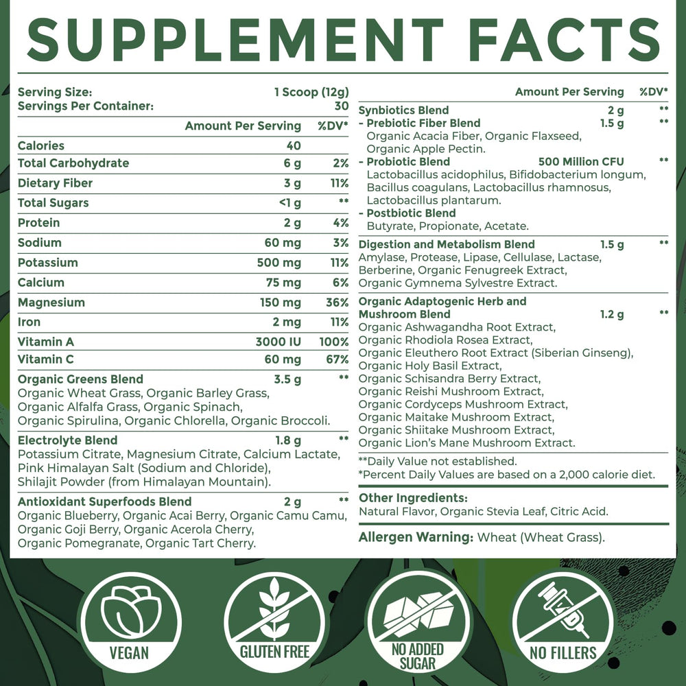 Close-up of Sundhedsliv greens powder scoop highlighting spirulina for a nutrient-rich start.
