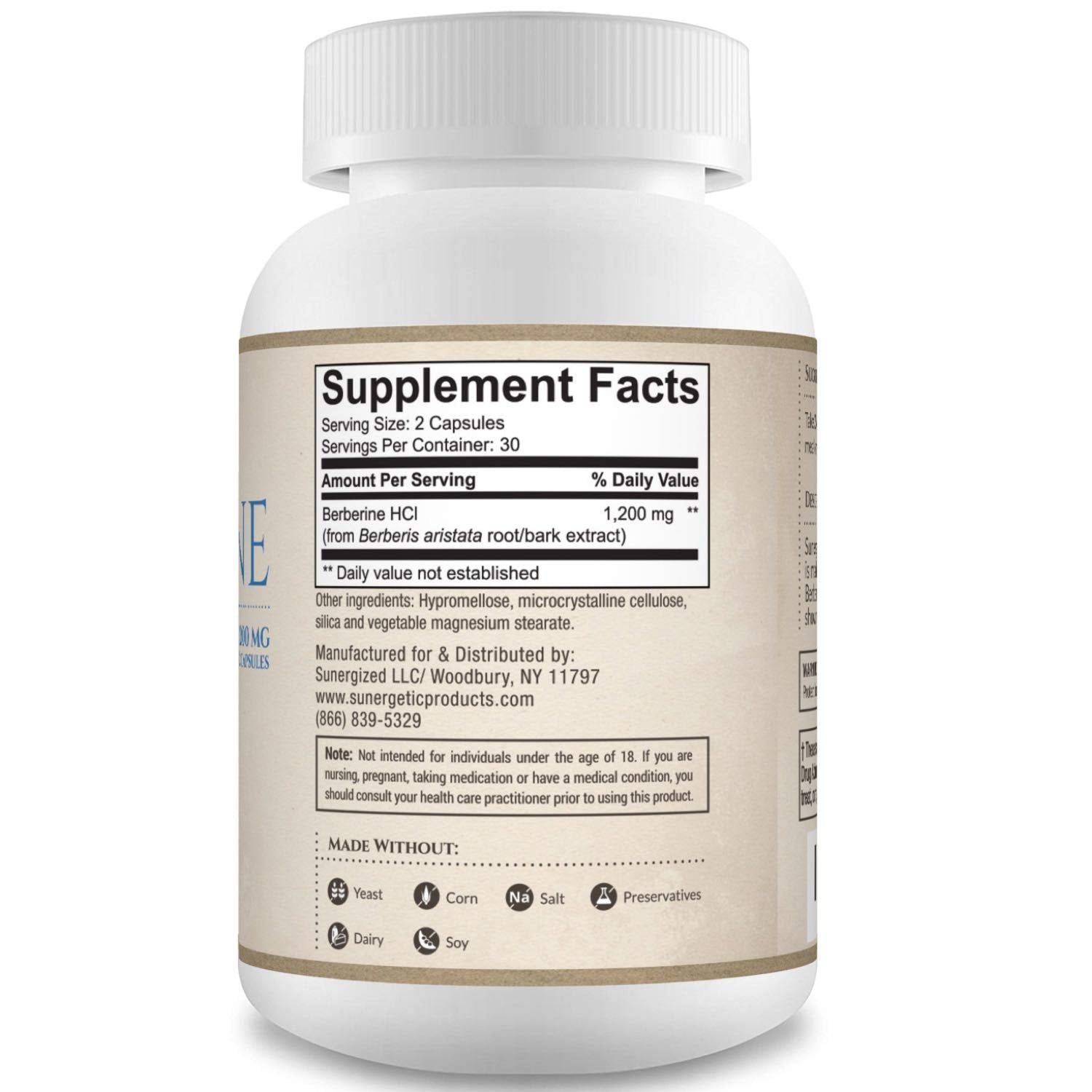Sunergetic Berberine capsules close-up showing 600 mg per capsule for easy dosing