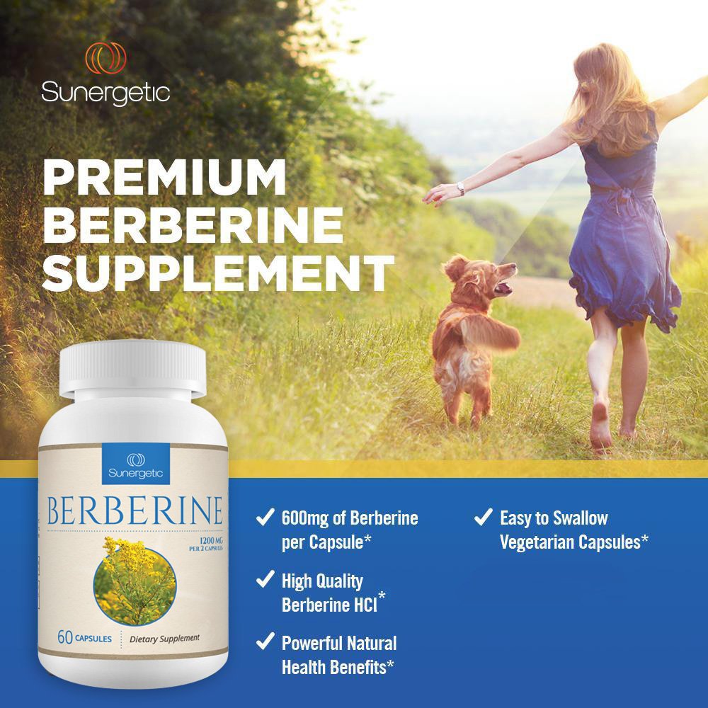 Glass bottle and label emphasizing GMP manufacturing standards for Sunergetic Berberine